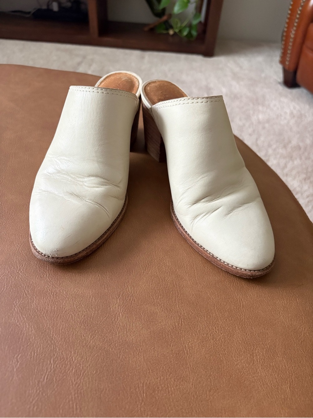 Madewell Cream Leather Slip-On Block Heel Mules